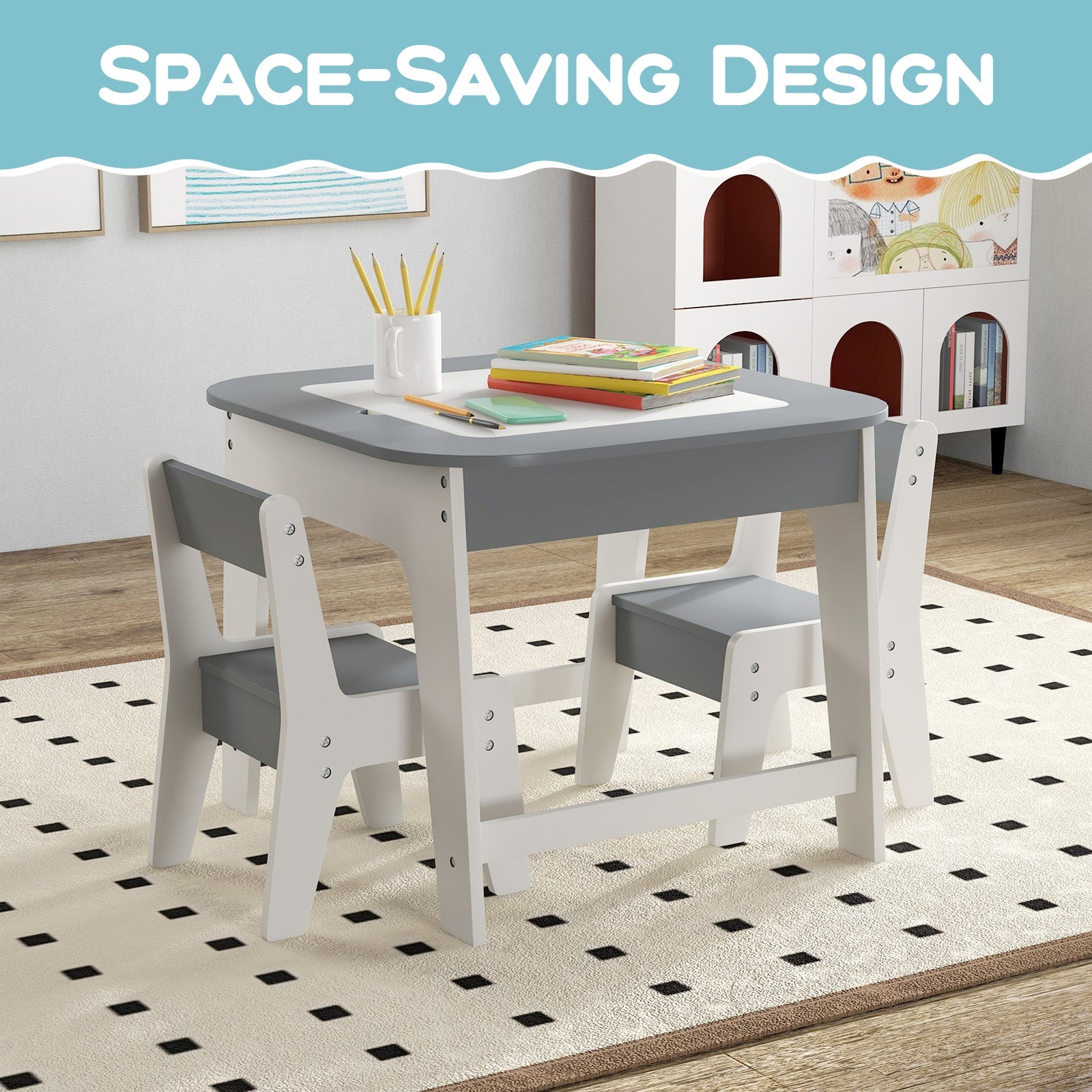 Kid's Table and Chairs Set with Double-sized Tabletop, Gray Kids Table & Chair Sets at Gallery Canada