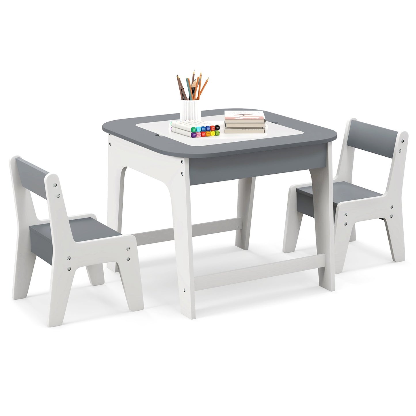 Kid's Table and Chairs Set with Double-sized Tabletop, Gray