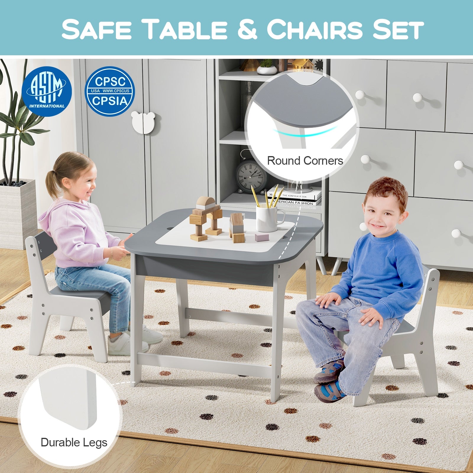 Kid's Table and Chairs Set with Double-sized Tabletop, Gray Kids Table & Chair Sets at Gallery Canada