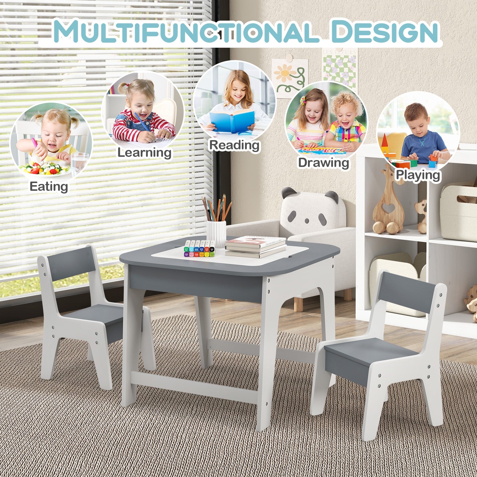 Kid's Table and Chairs Set with Double-sized Tabletop, Gray Kids Table & Chair Sets at Gallery Canada