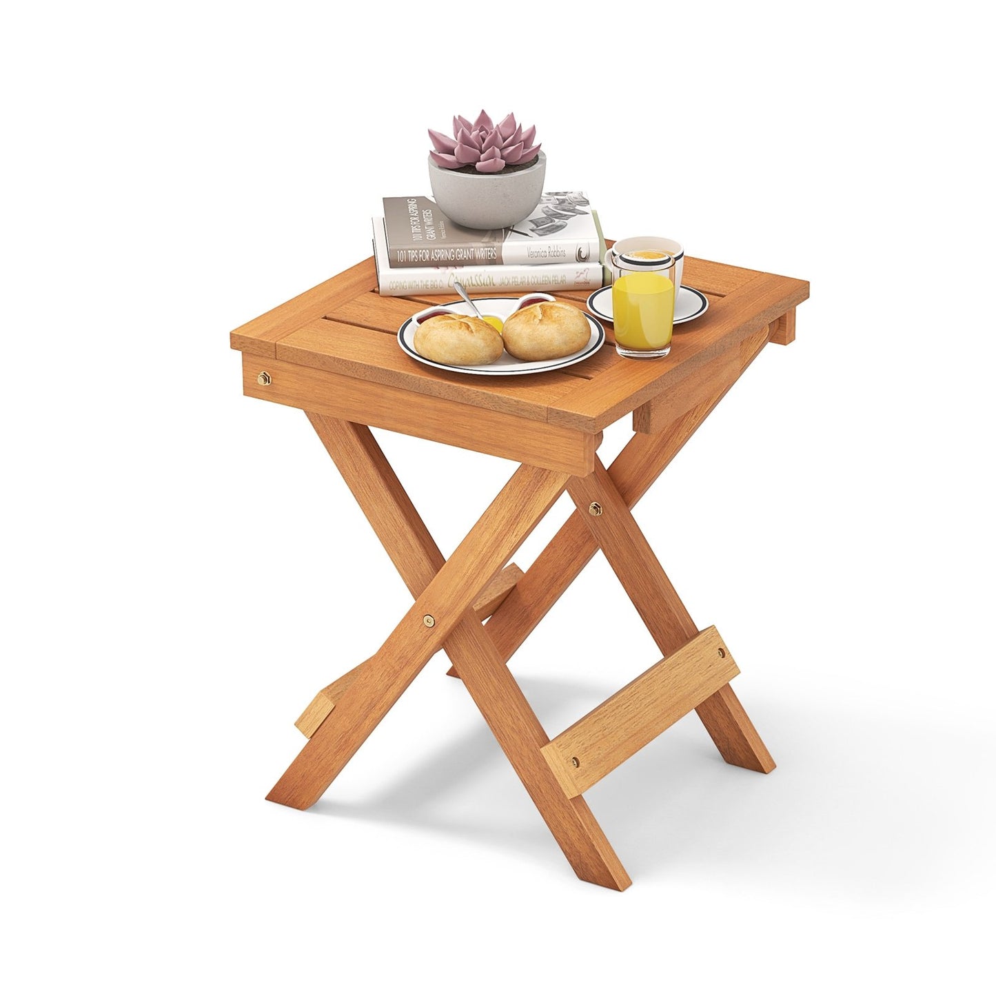 14 Inch Compact Folding Side Table with Slatted Tabletop, Natural Patio Coffee Tables at Gallery Canada