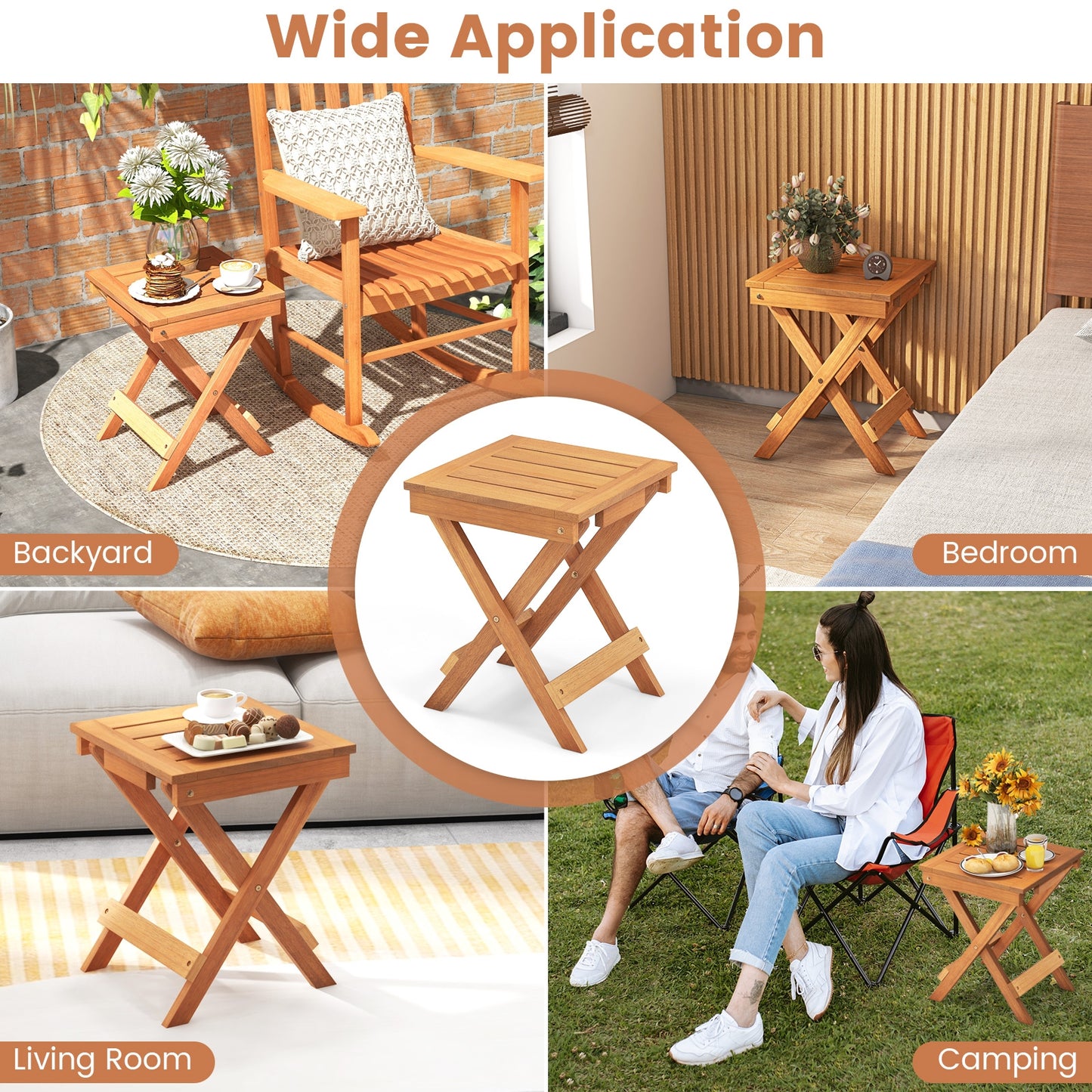 14 Inch Compact Folding Side Table, Slatted Tabletop, Natural Patio Coffee Tables at Gallery Canada