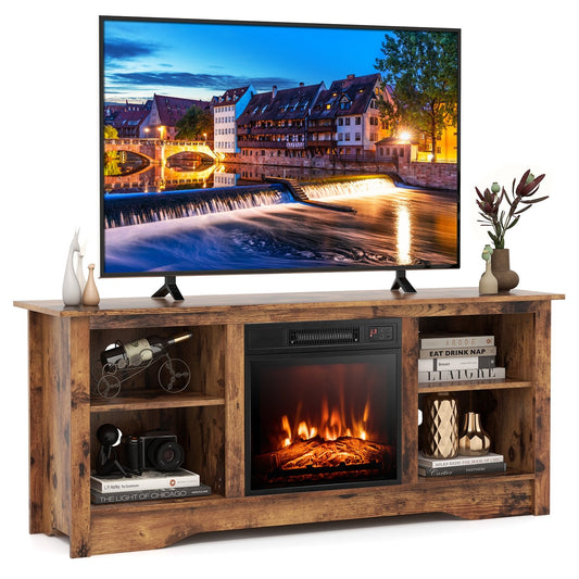 58 Inches TV Stand  for Flat Screen TVs Up to 65 Inches with 18 Inches Electric Fireplace Heater, Rustic Brown