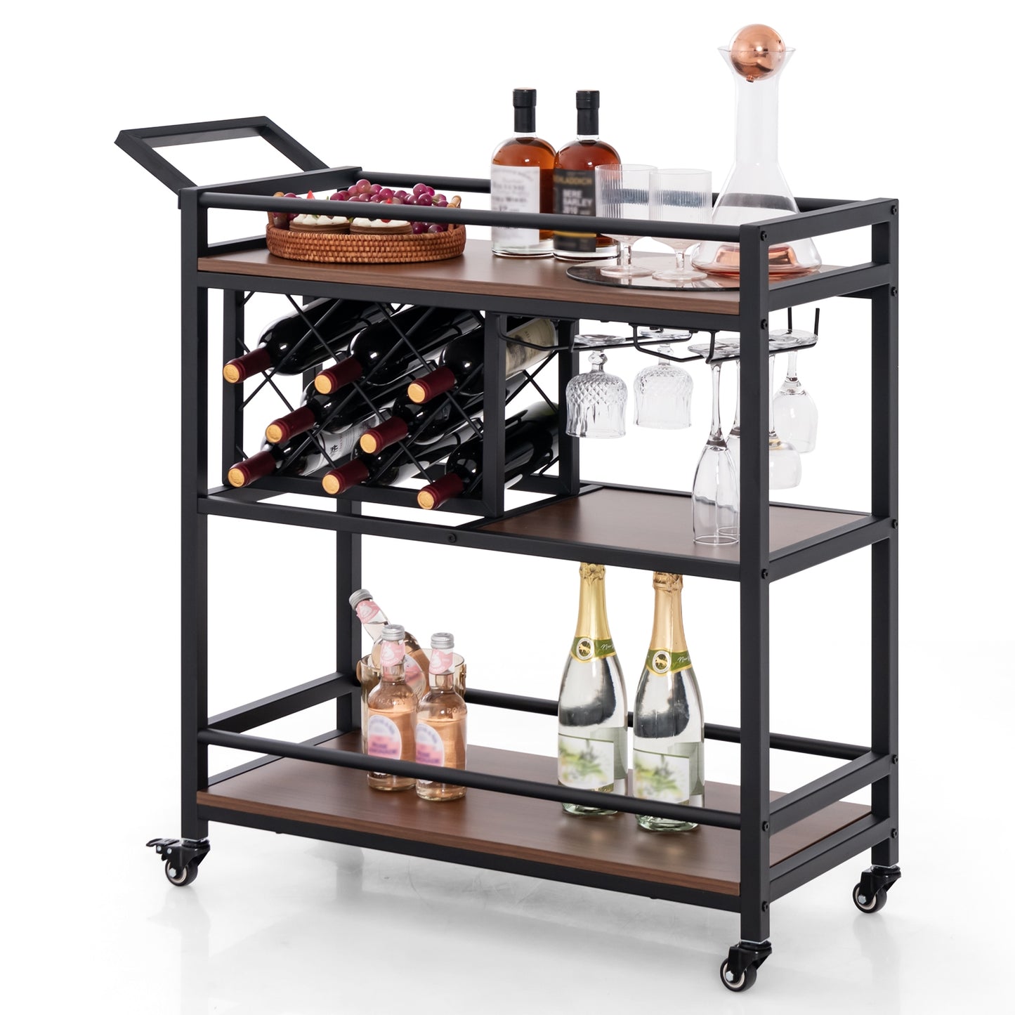 3-tier Bar Cart on Wheels Home Kitchen Serving Cart with Wine Rack and Glasses Holder, Brown Kitchen Islands & Carts at Gallery Canada