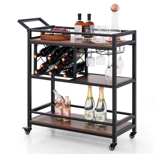 3-tier Bar Cart on Wheels Home Kitchen Serving Cart with Wine Rack and Glasses Holder, Brown