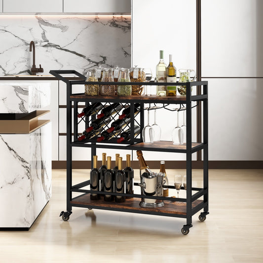 3-tier Bar Cart on Wheels Home Kitchen Serving Cart with Wine Rack and Glasses Holder, Rustic Brown - Gallery Canada