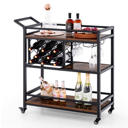 3-tier Bar Cart on Wheels Home Kitchen Serving Cart with Wine Rack and Glasses Holder, Rustic Brown Kitchen Islands & Carts at Gallery Canada