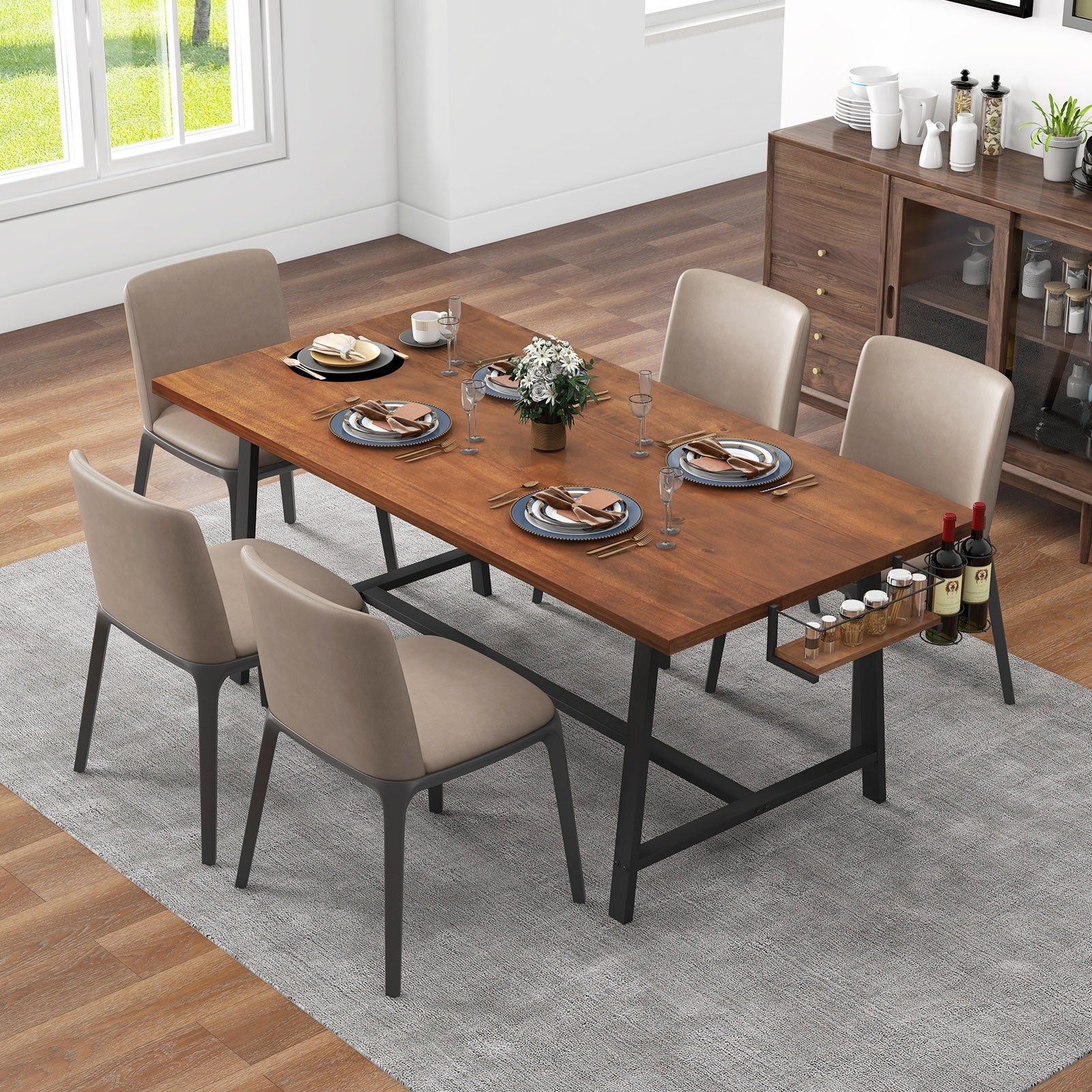 72 Inch Dining Table Rectangular Kitchen Table with 2-Bottle Wine Rack for 5-7, Walnut Dining Tables at Gallery Canada
