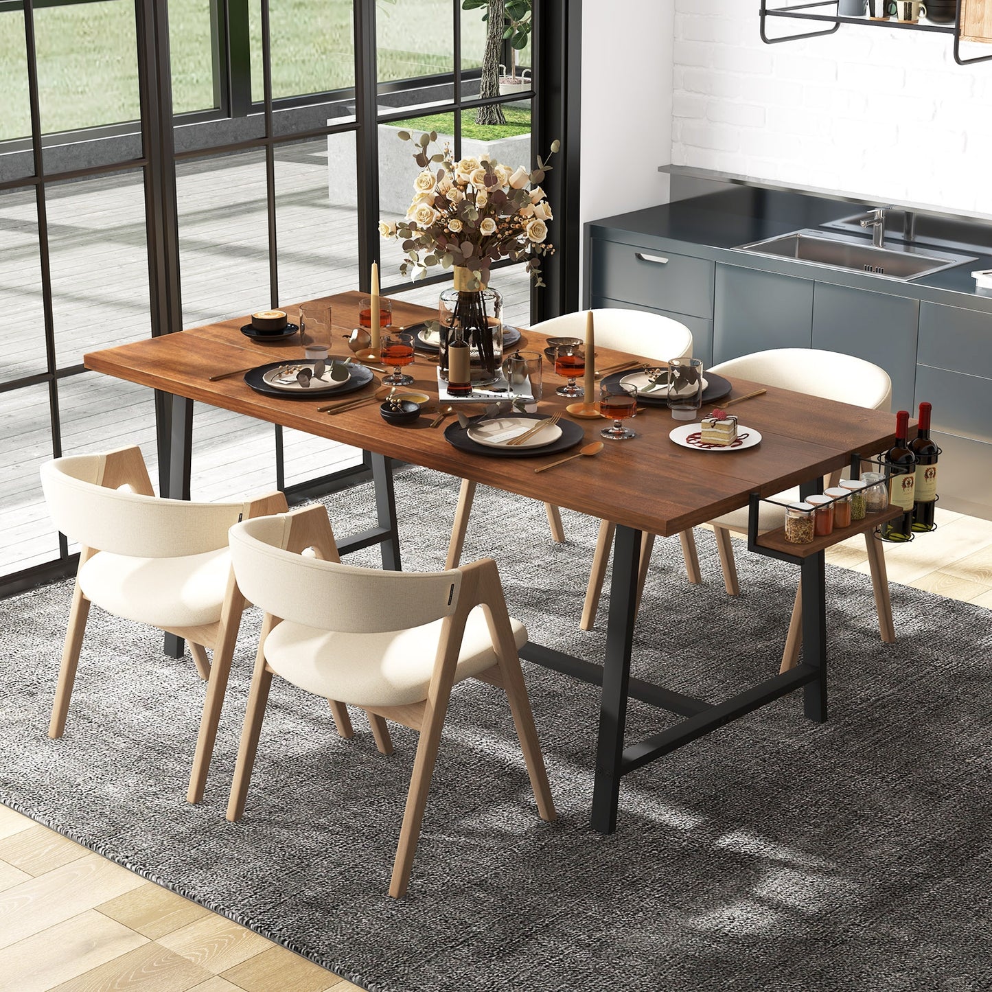 72 Inch Dining Table Rectangular Kitchen Table with 2-Bottle Wine Rack for 5-7, Walnut Dining Tables at Gallery Canada