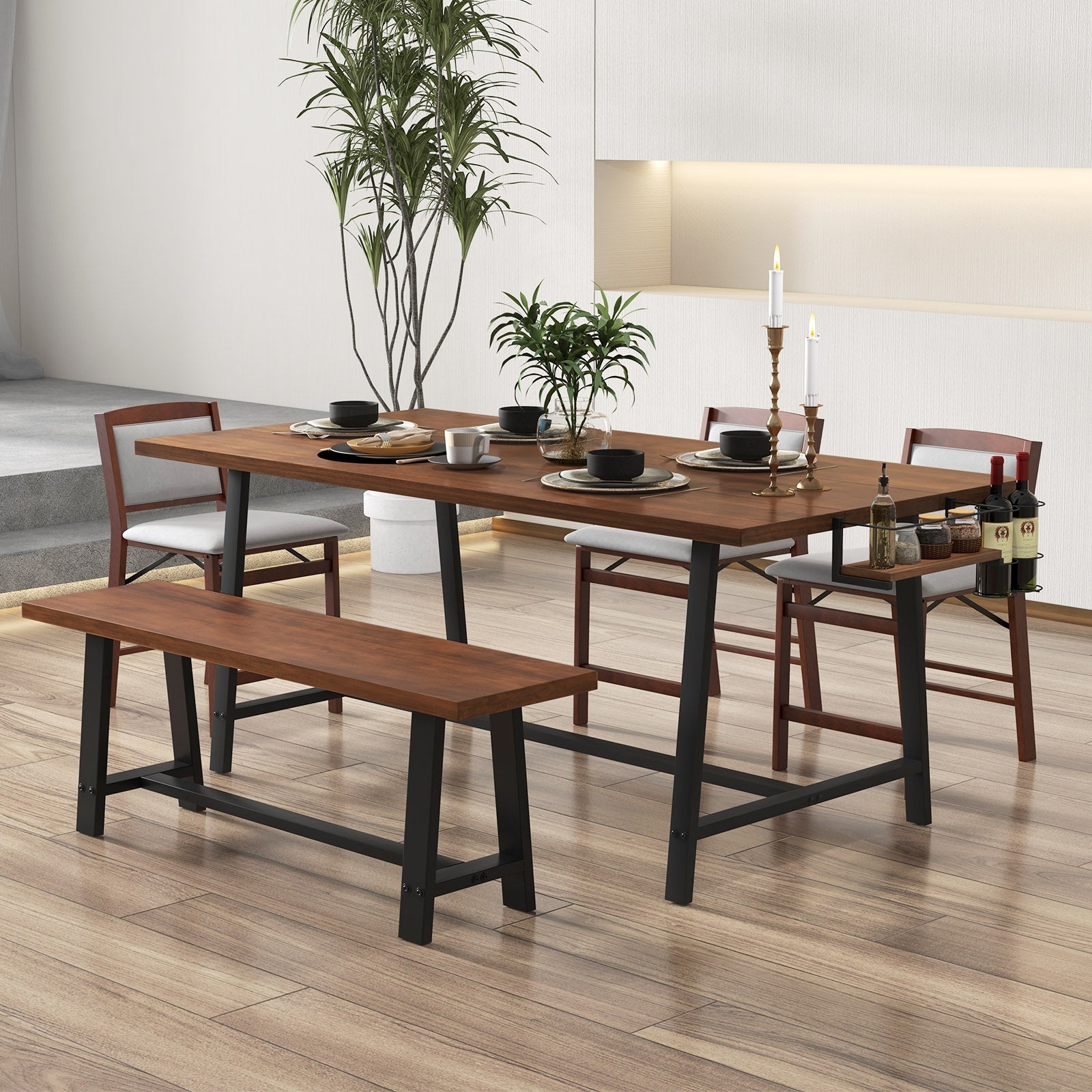 72 Inch Dining Table Rectangular Kitchen Table with 2-Bottle Wine Rack for 5-7, Walnut Dining Tables at Gallery Canada