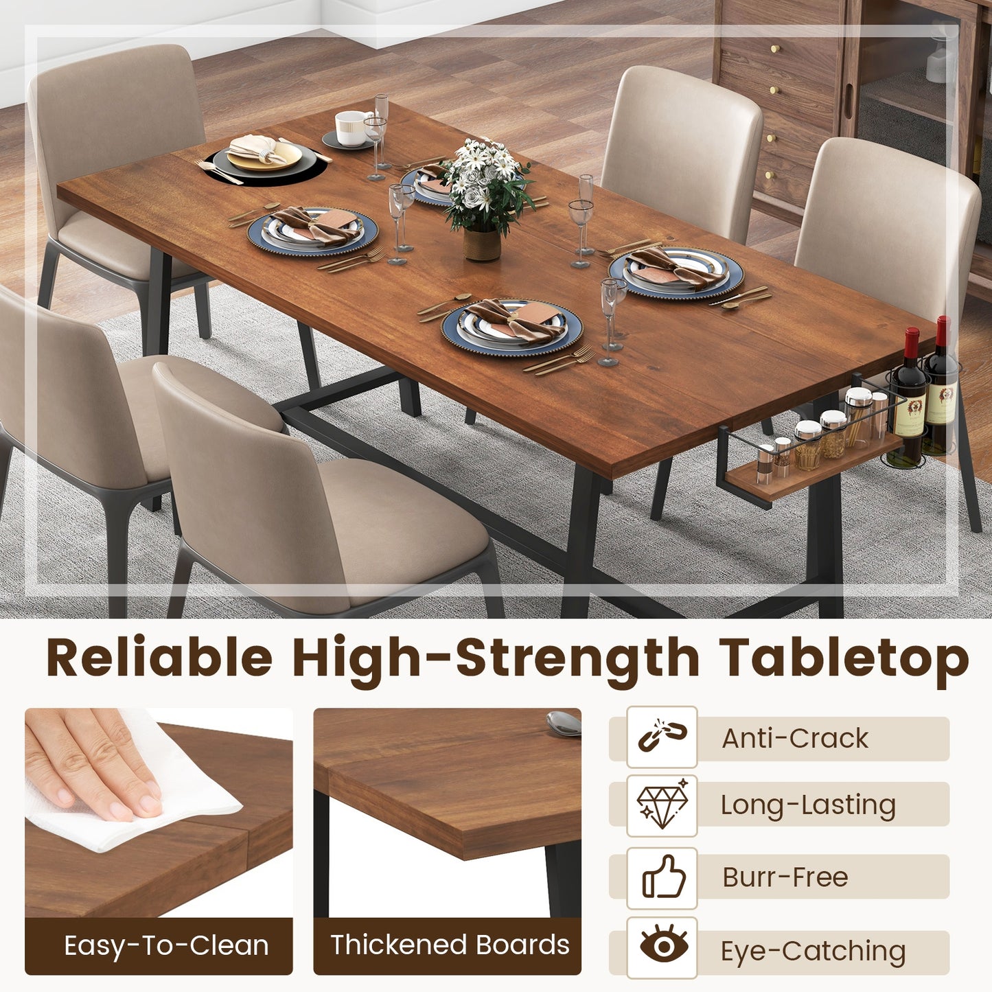 72 Inch Dining Table Rectangular Kitchen Table with 2-Bottle Wine Rack for 5-7, Walnut Dining Tables at Gallery Canada