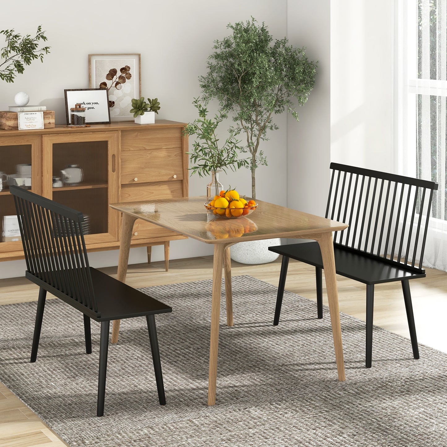 Dining Windsor Bench with Spindle Back and Anti-Slip Foot Pads, Black Dining Chairs at Gallery Canada