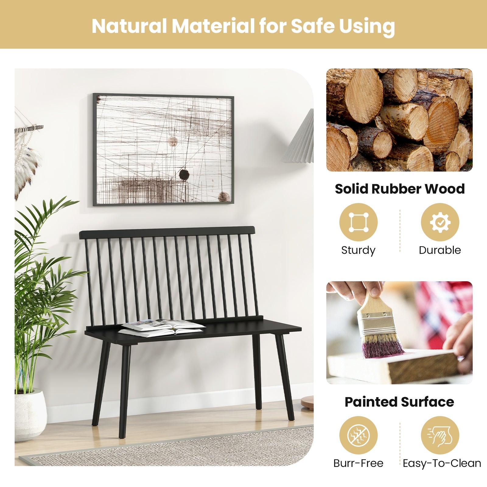 Dining Windsor Bench with Spindle Back and Anti-Slip Foot Pads, Black Dining Chairs at Gallery Canada