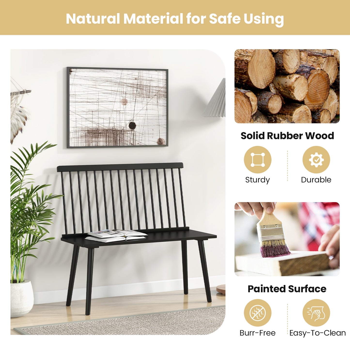 Dining Windsor Bench with Spindle Back and Anti-Slip Foot Pads, Black Dining Chairs at Gallery Canada