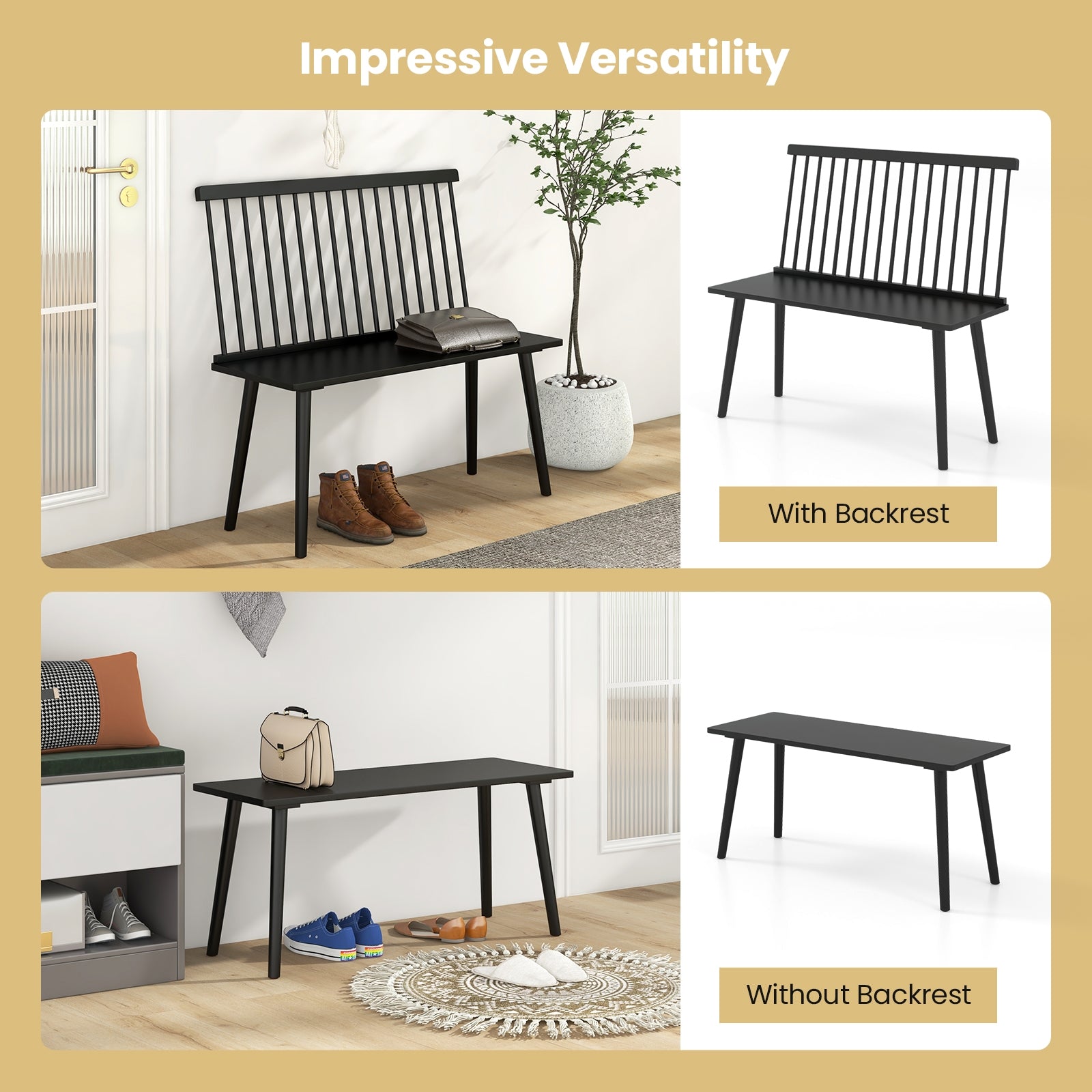 Dining Windsor Bench with Spindle Back and Anti-Slip Foot Pads, Black Dining Chairs at Gallery Canada