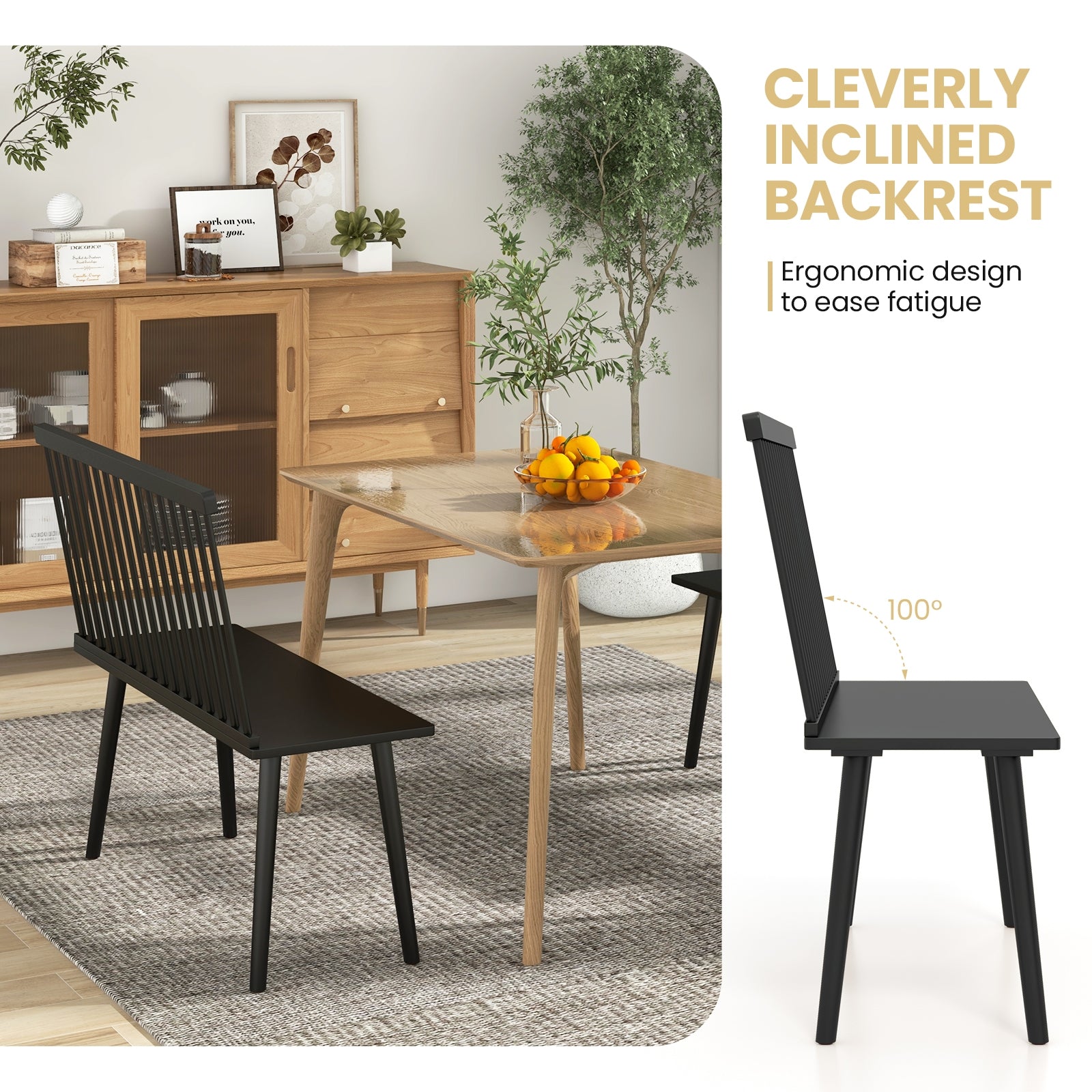 Dining Windsor Bench with Spindle Back and Anti-Slip Foot Pads, Black Dining Chairs at Gallery Canada