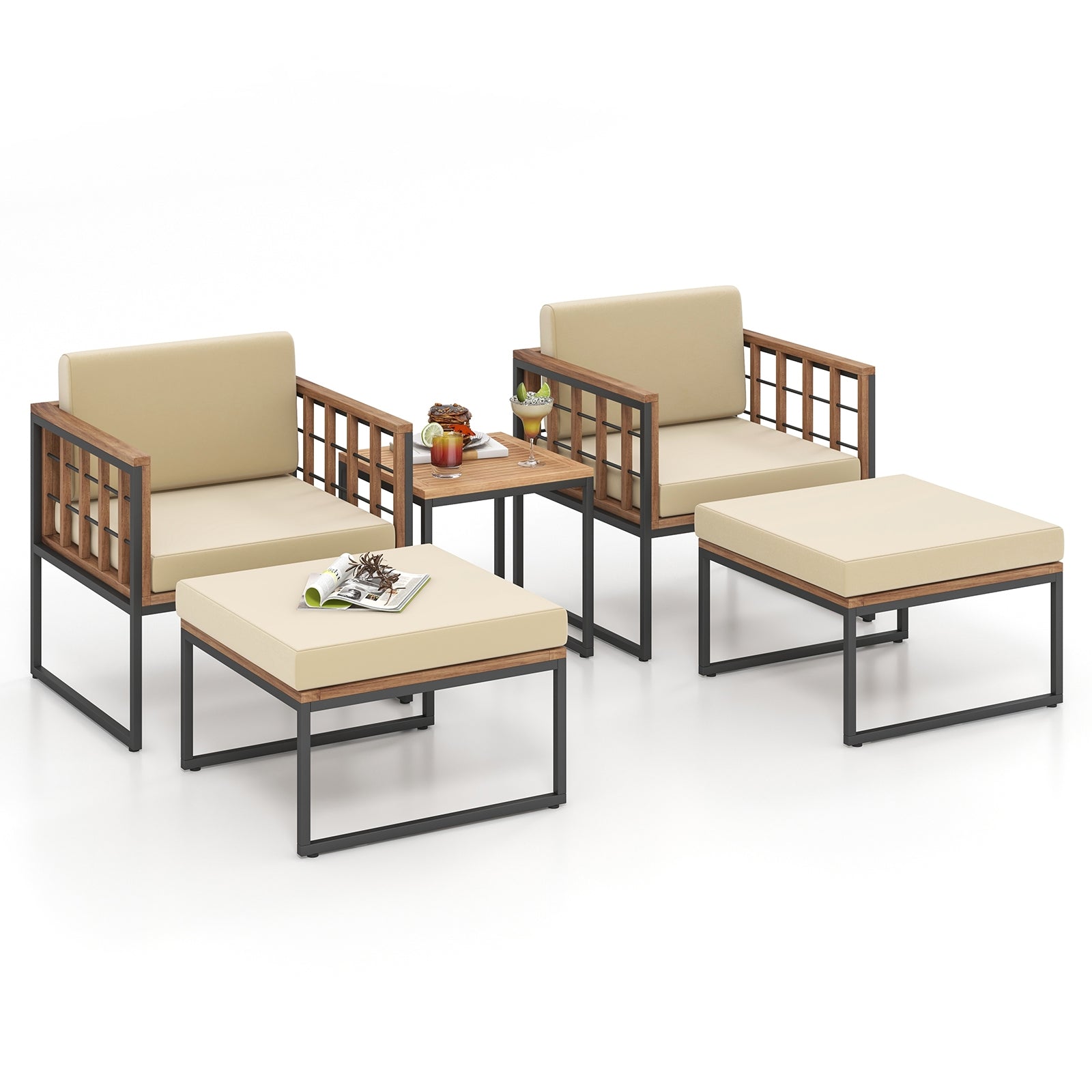 5 Piece Outdoor Furniture Set Acacia Wood Chair Set with Ottomans and Coffee Table, Beige Patio Conversation Sets at Gallery Canada