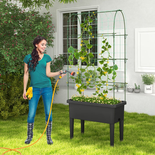 Self-watering Raised Garden Bed Elevated Planter with Climbing Trellis, Black - Gallery Canada