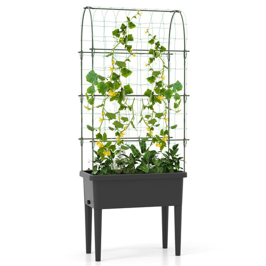 Self-watering Raised Garden Bed Elevated Planter with Climbing Trellis, Black