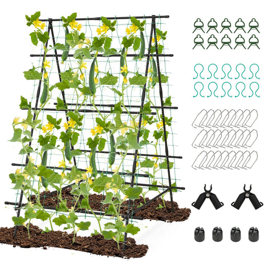 A-Frame Garden Cucumber Trellis with Netting for Climbing Plants Outdoor, Black