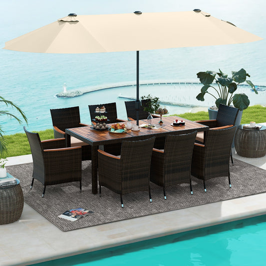 9 Piece Outdoor Dining Set, 15 Feet Double-Sided Umbrella, Beige Patio Conversation Sets Beige at Gallery Canada