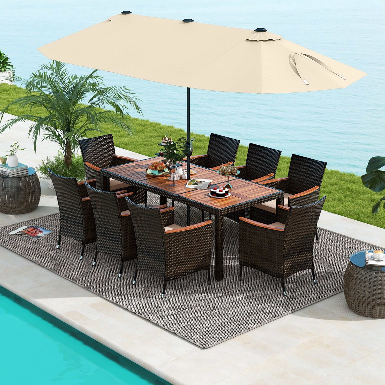 9 Piece Outdoor Dining Set, 15 Feet Double-Sided Umbrella, Beige Patio Conversation Sets at Gallery Canada