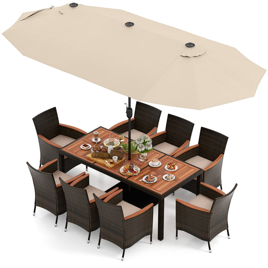 9 Piece Outdoor Dining Set, 15 Feet Double-Sided Umbrella, Beige Patio Conversation Sets Beige at Gallery Canada