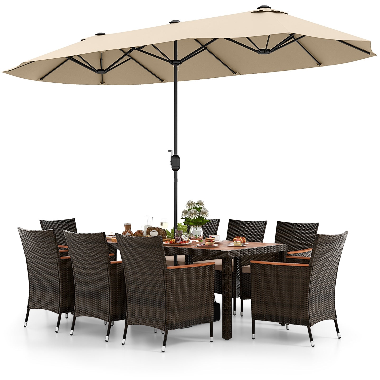 9 Piece Outdoor Dining Set, 15 Feet Double-Sided Umbrella, Beige Patio Conversation Sets at Gallery Canada