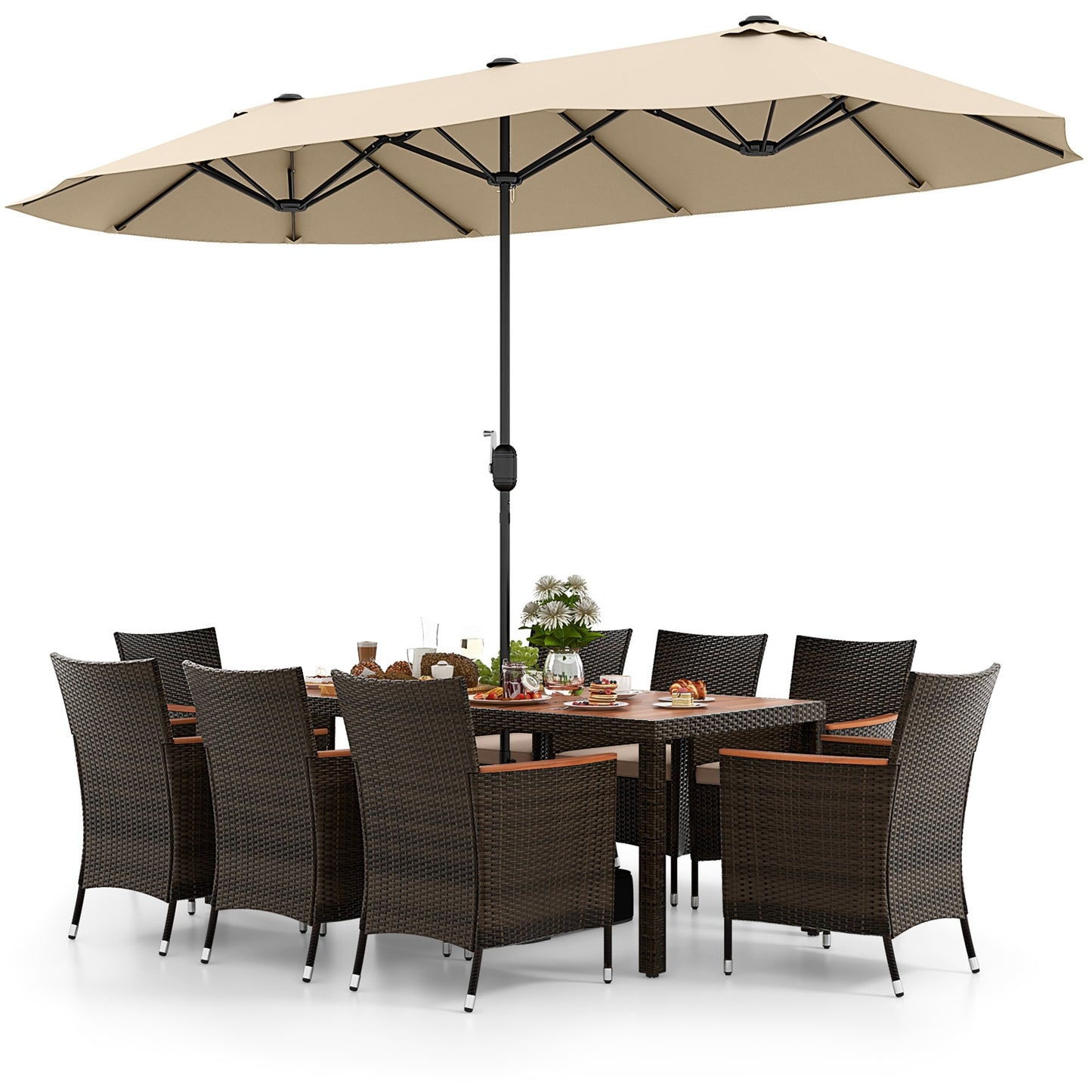 9 Piece Outdoor Dining Set, 15 Feet Double-Sided Umbrella, Beige Patio Conversation Sets at Gallery Canada