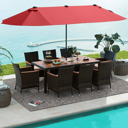 9 Piece Outdoor Dining Set, 15 Ft Double-Sided Patio Umbrella, Red Patio Conversation Sets Red at Gallery Canada