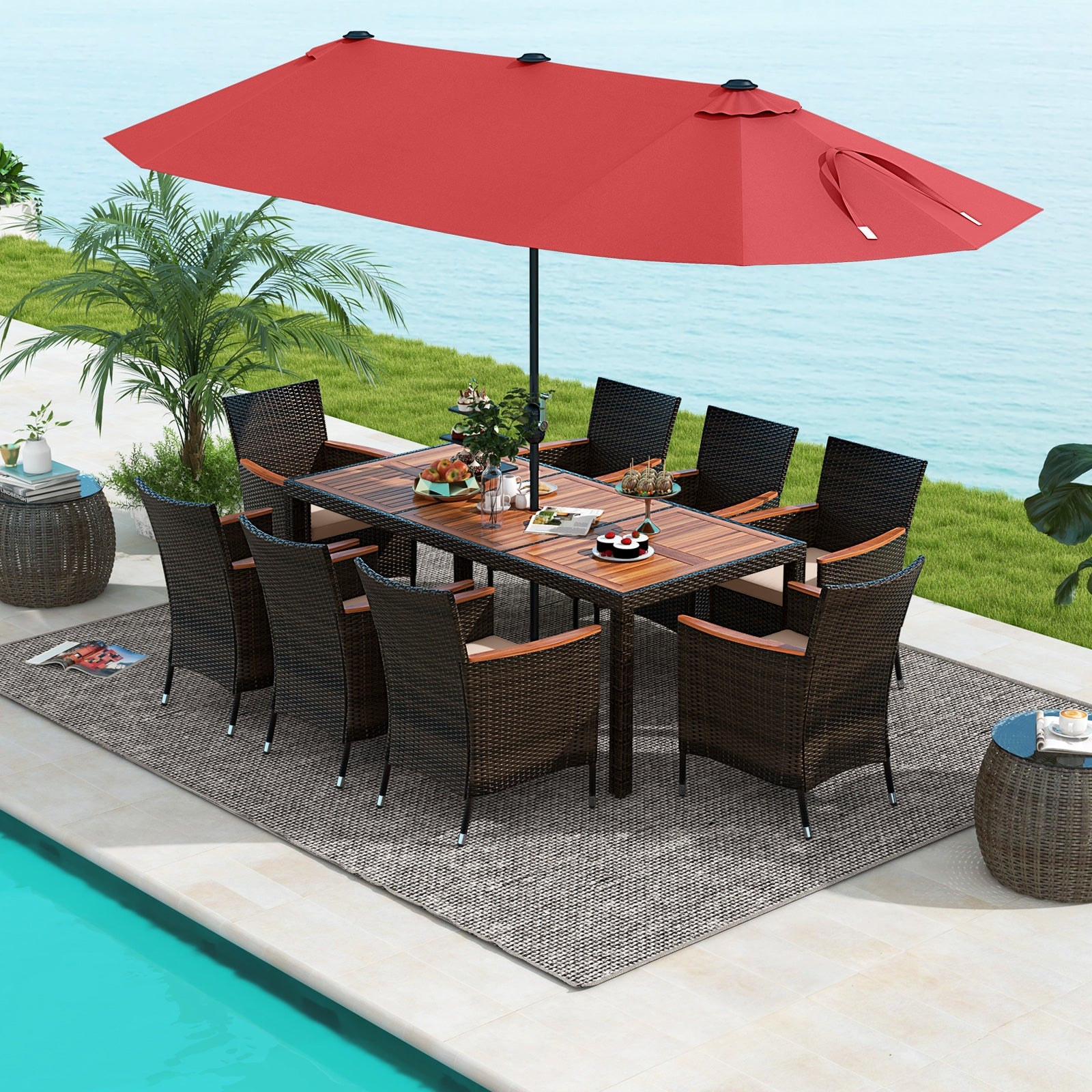 9 Piece Outdoor Dining Set, 15 Ft Double-Sided Patio Umbrella, Red Patio Conversation Sets at Gallery Canada