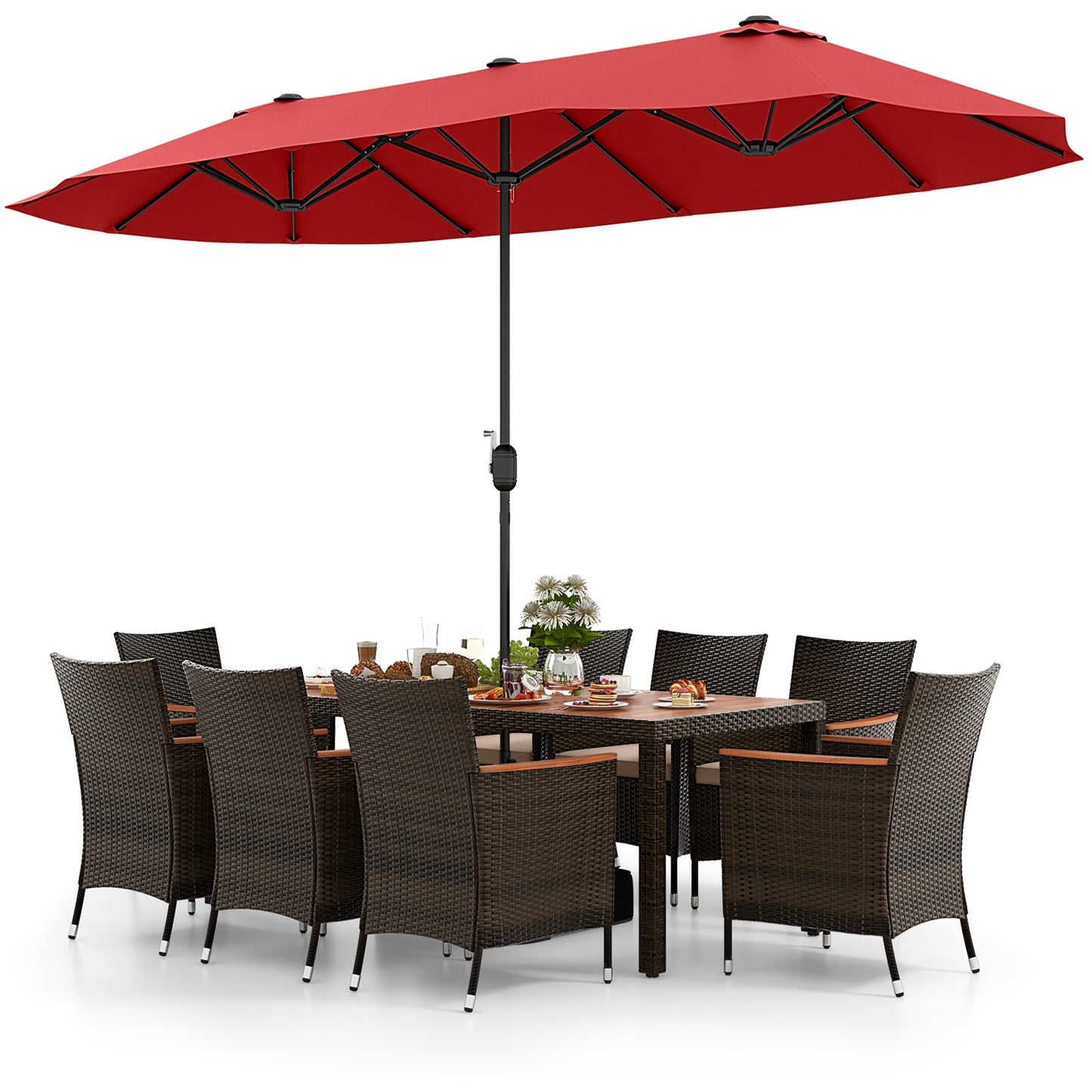 9 Piece Outdoor Dining Set, 15 Ft Double-Sided Patio Umbrella, Red Patio Conversation Sets at Gallery Canada