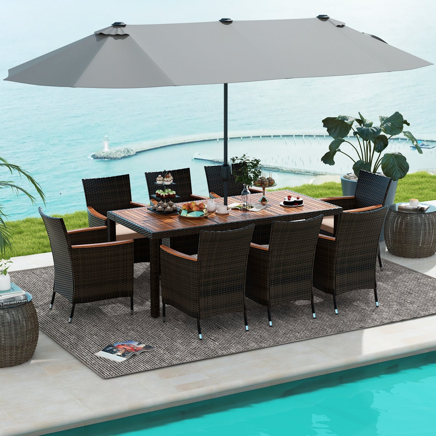9 Piece Outdoor Dining Set, 15 Feet Double-Sided Patio Umbrella, Gray Patio Conversation Sets at Gallery Canada