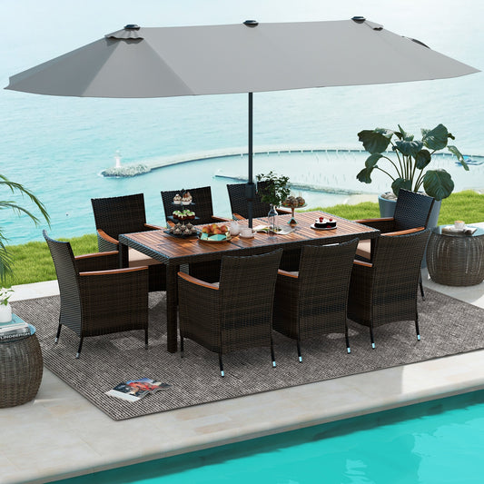 9 Piece Outdoor Dining Set, 15 Feet Double-Sided Patio Umbrella, Gray Patio Conversation Sets Gray at Gallery Canada