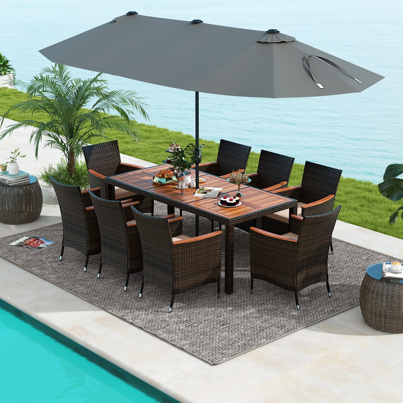 9 Piece Outdoor Dining Set, 15 Feet Double-Sided Patio Umbrella, Gray Patio Conversation Sets at Gallery Canada