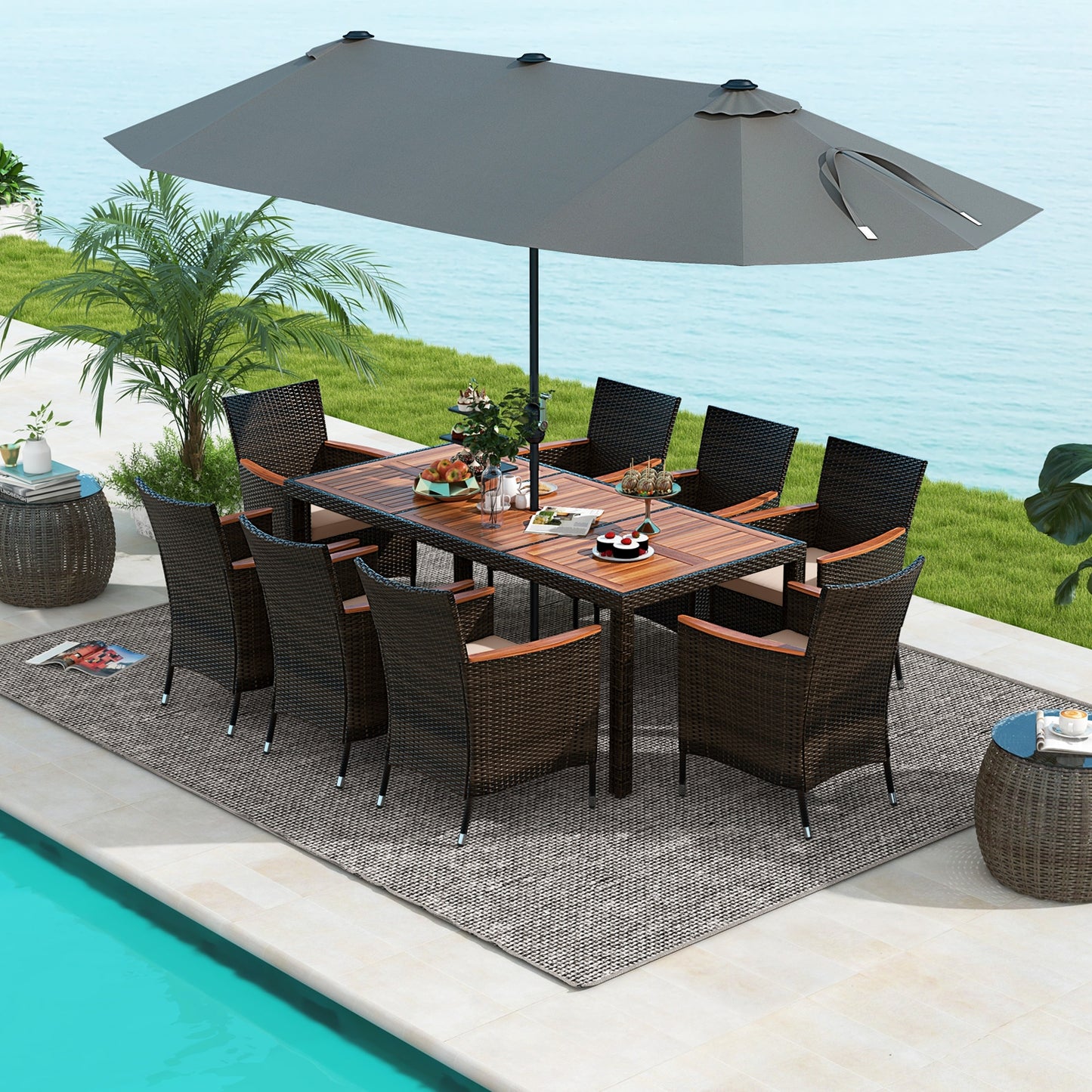 9 Piece Outdoor Dining Set, 15 Feet Double-Sided Patio Umbrella, Gray Patio Conversation Sets at Gallery Canada