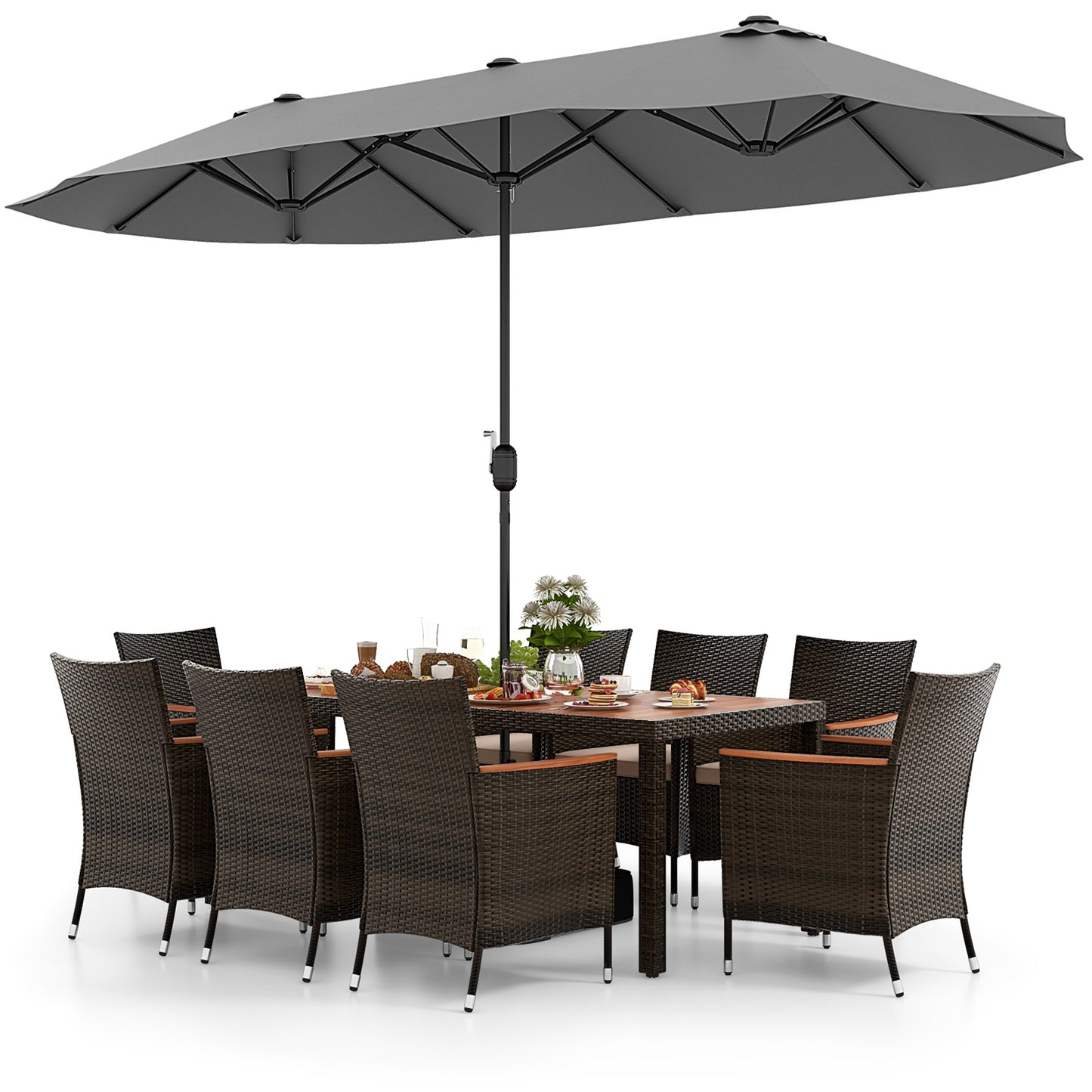 9 Piece Outdoor Dining Set, 15 Feet Double-Sided Patio Umbrella, Gray Patio Conversation Sets at Gallery Canada