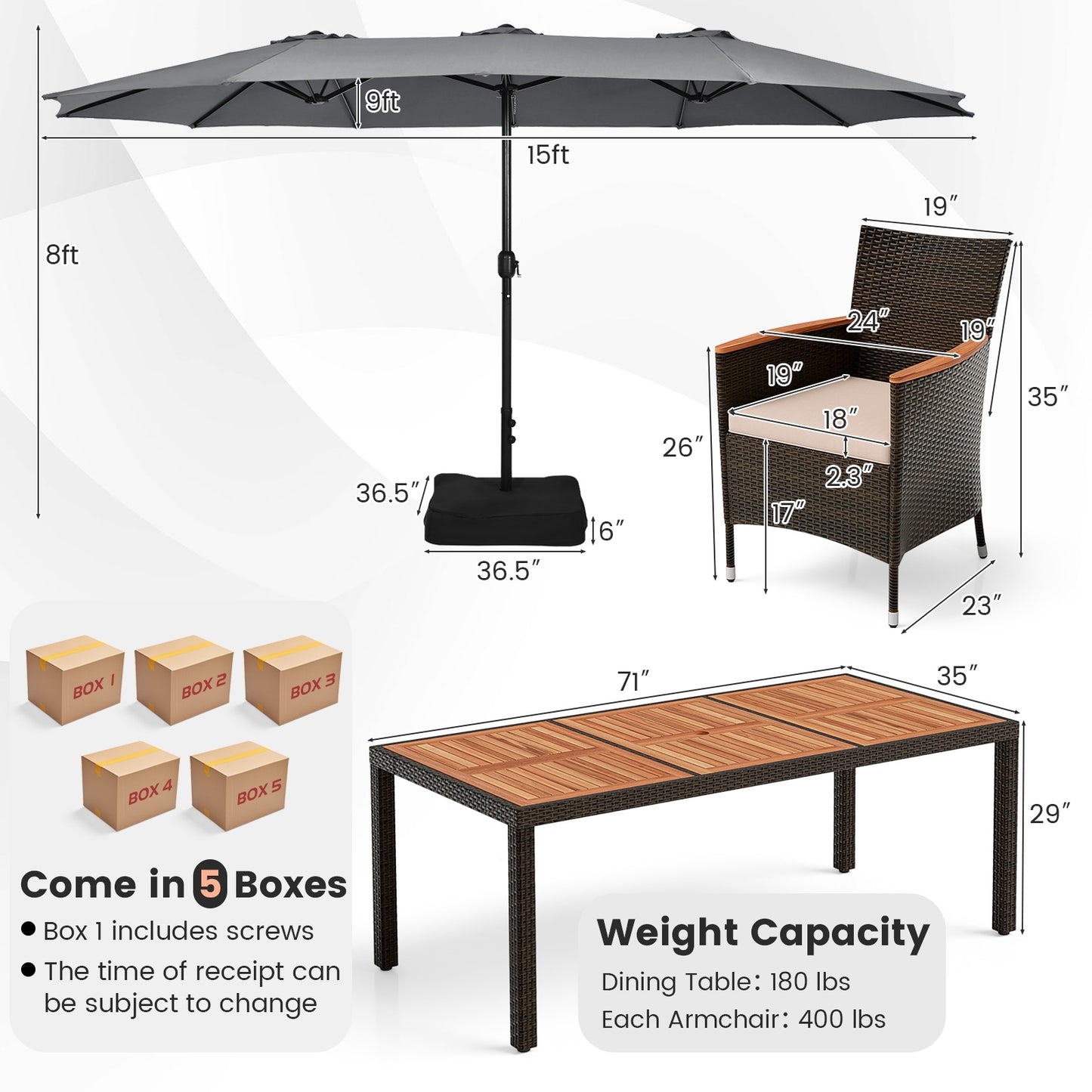 9 Piece Outdoor Dining Set, 15 Feet Double-Sided Patio Umbrella, Gray Patio Conversation Sets at Gallery Canada