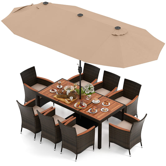 9 Piece Outdoor Dining Set, 15 Feet Double-Sided Patio Umbrella, Brown Patio Conversation Sets Brown at Gallery Canada