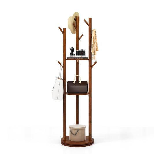 Freestanding Wooden Coat Tree with 3 Display Storage Shelves and 9 Hooks - Gallery Canada