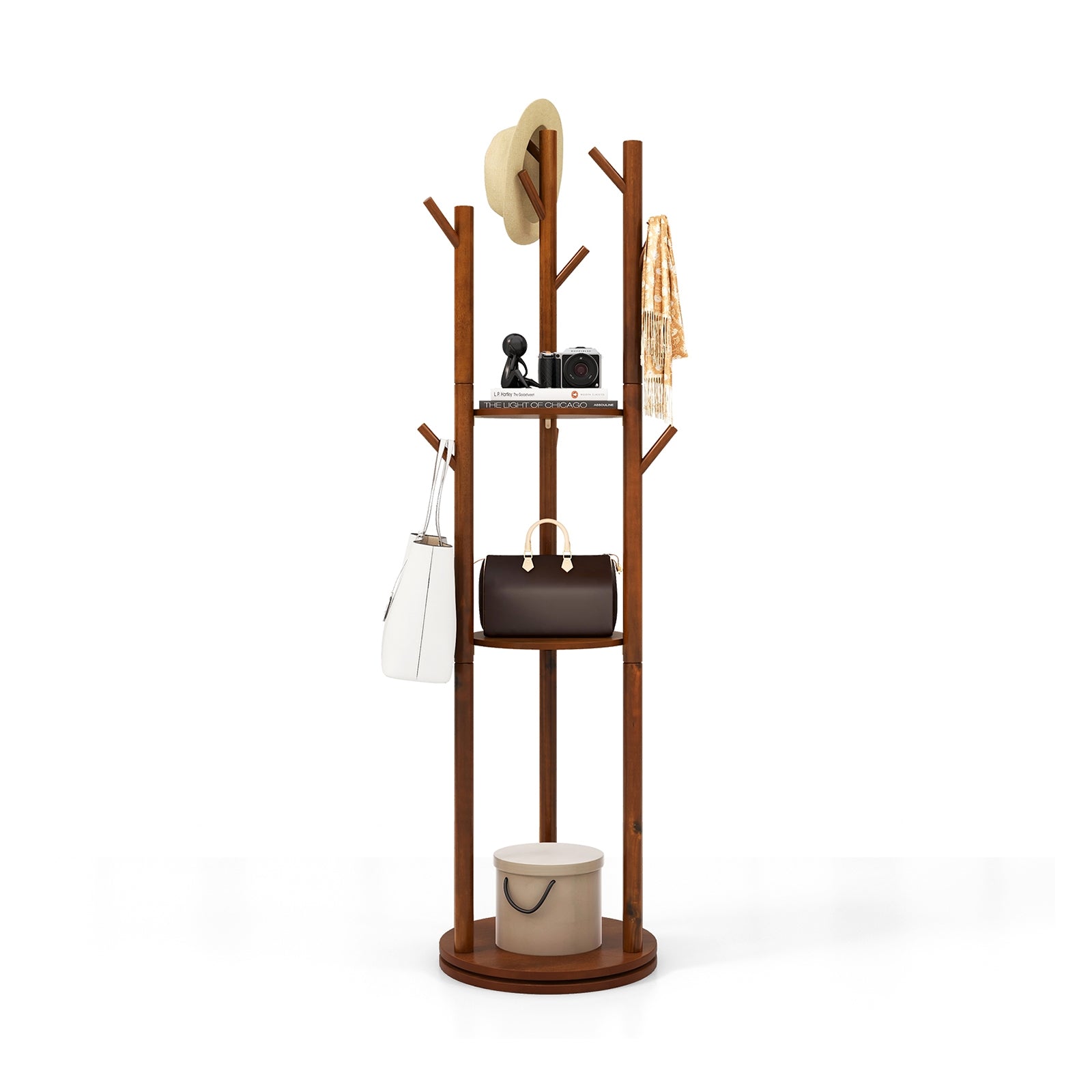Freestanding Wooden Coat Tree with 3 Display Storage Shelves and 9 Hooks Coat Racks & Hall Trees at Gallery Canada