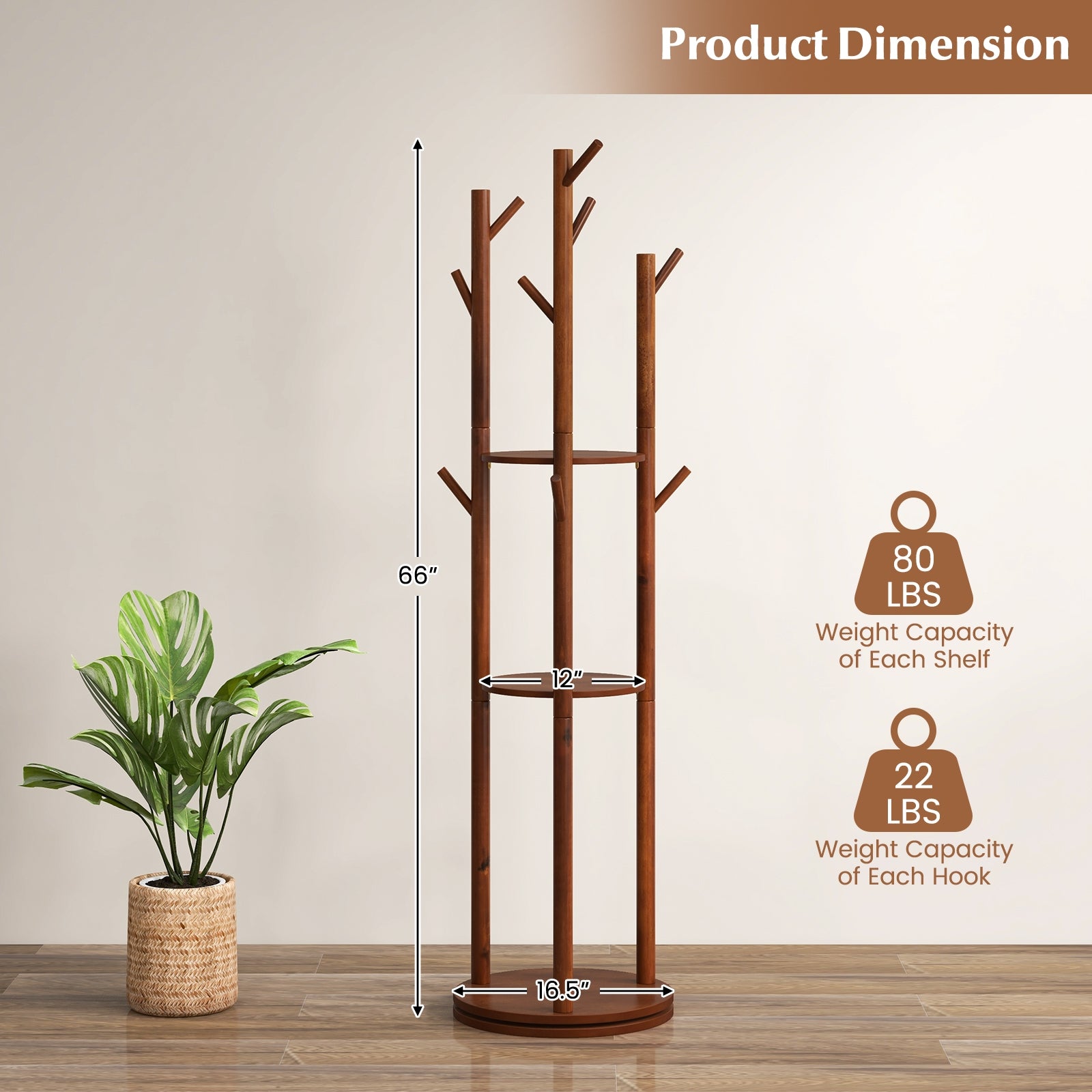Freestanding Wooden Coat Tree with 3 Display Storage Shelves and 9 Hooks Coat Racks & Hall Trees at Gallery Canada