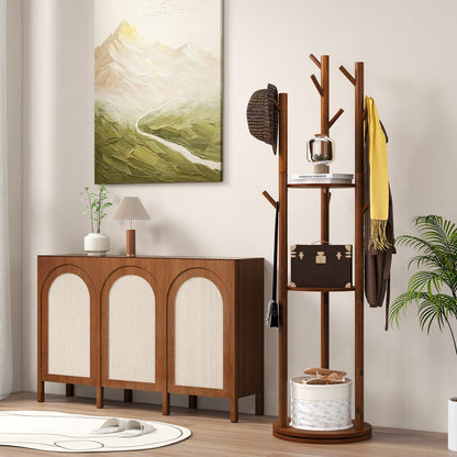Freestanding Wooden Coat Tree with 3 Display Storage Shelves and 9 Hooks Coat Racks & Hall Trees at Gallery Canada