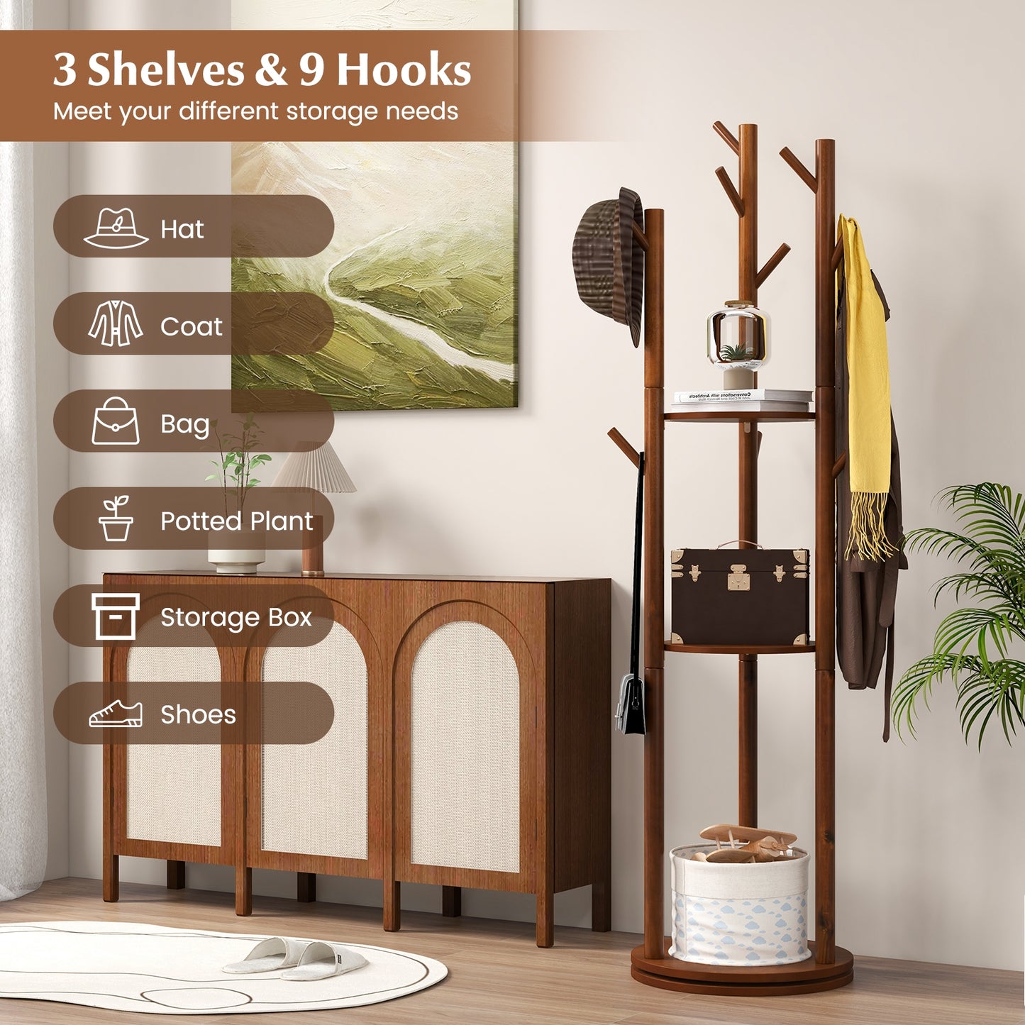 Freestanding Wooden Coat Tree with 3 Display Storage Shelves and 9 Hooks Coat Racks & Hall Trees at Gallery Canada
