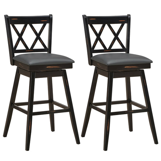 2-Piece 29 Inch Swivel Barstool Set, Rubber Wood Legs, Black