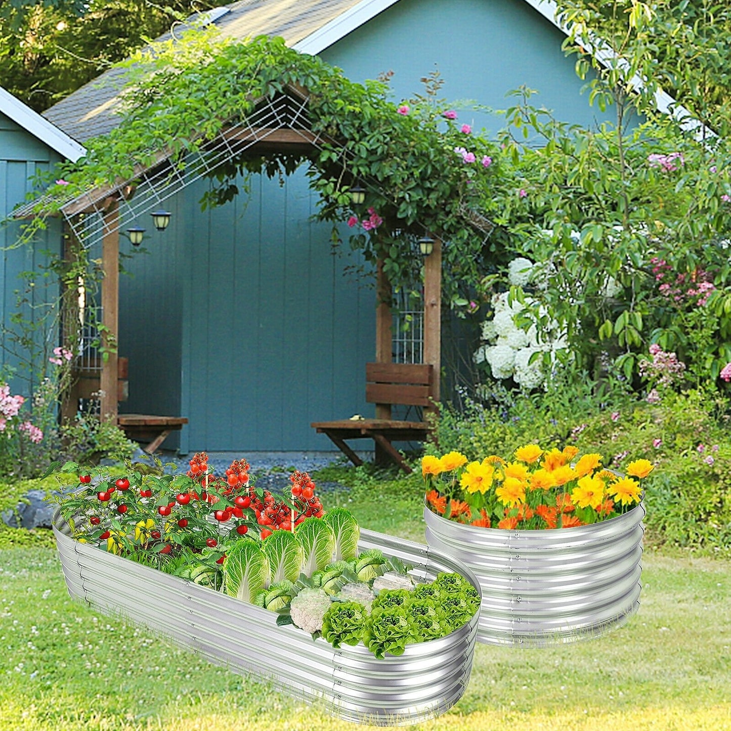 Raised Garden Bed with Open Base for Growing Vegetables, Silver - Gallery Canada