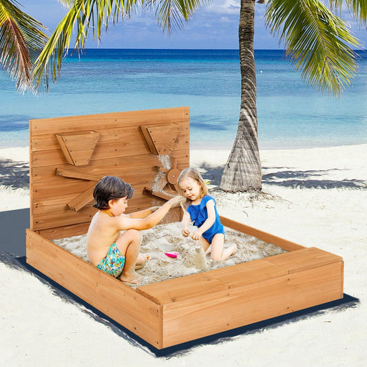 Kids Wooden Square Sandbox with Cover, Brown - Gallery Canada