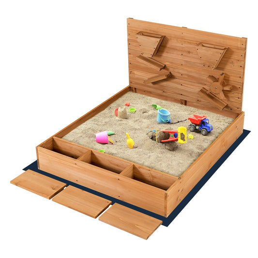 Kids Wooden Square Sandbox with Cover, Brown