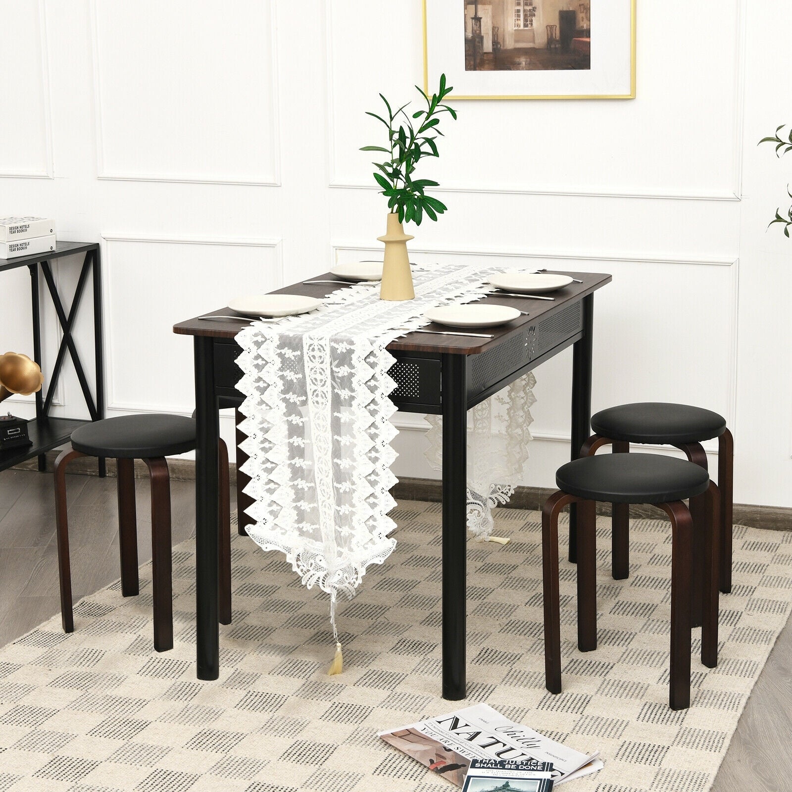 Set of 4 Bentwood Round Stools, Stackable Dining Chairs, Padded Seat, Black Dining Chairs at Gallery Canada