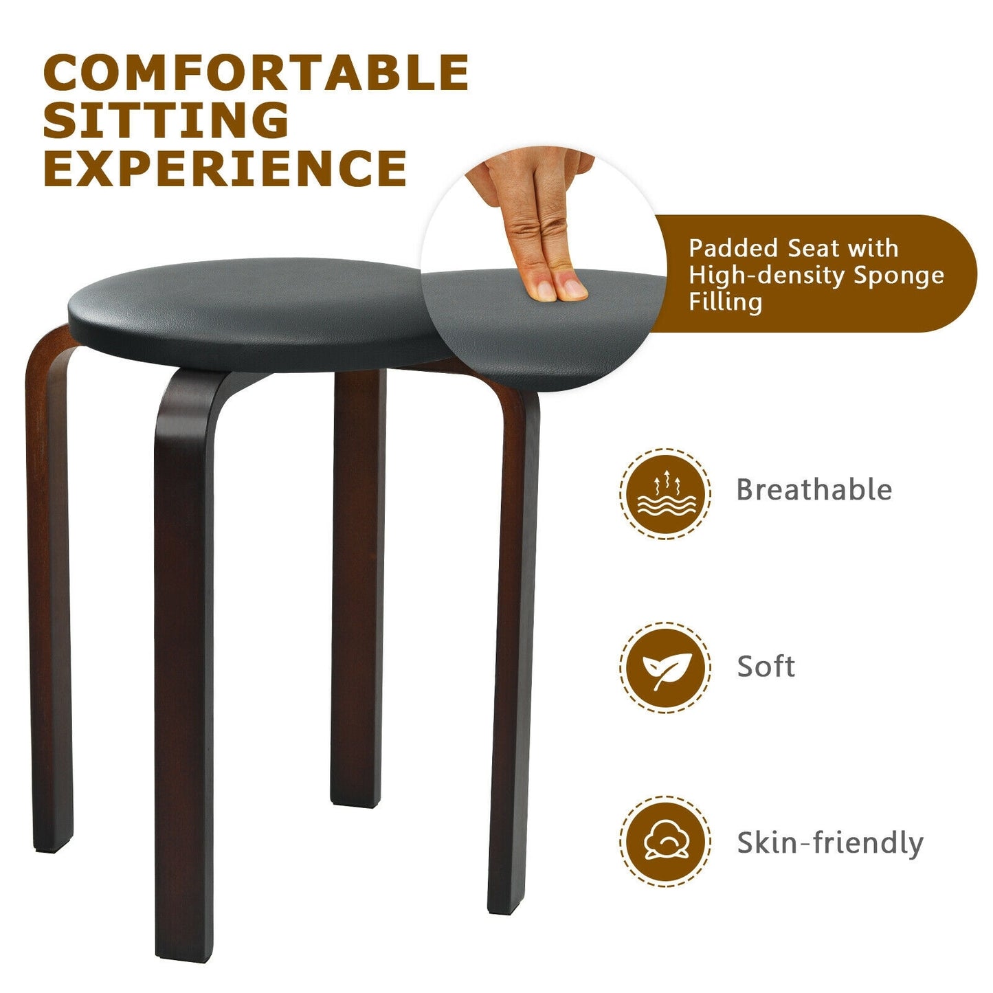 Set of 4 Bentwood Round Stools, Stackable Dining Chairs, Padded Seat, Black Dining Chairs at Gallery Canada